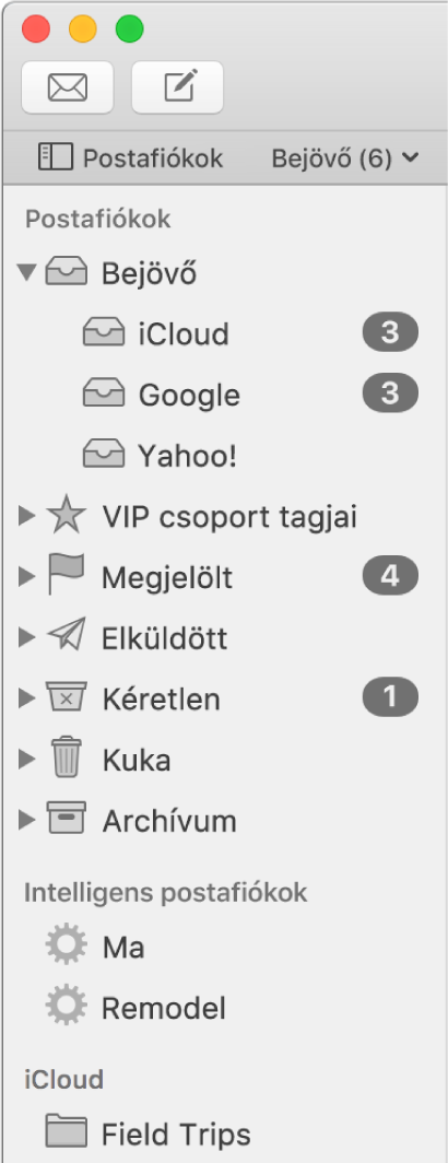 A Mail oldalsáv, melyen e-mail fiókok és postafiókok láthatóak. Az oldalsáv fölött a Postafiókok gomb látható (a Kedvencek sávon), erre kattintva megjelenítheti vagy elrejtheti az oldalsávot.