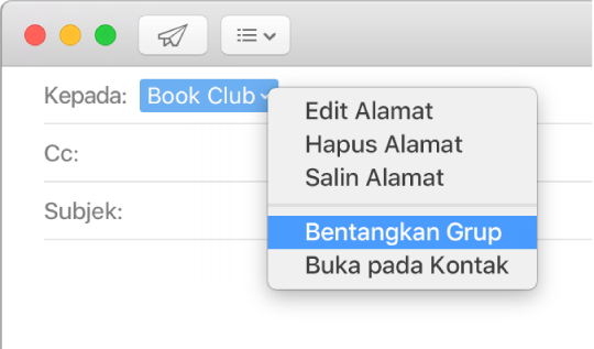 Email yang menampilkan grup di bidang Ke dan menu pop-up yang menampilkan perintah Bentangkan Grup.