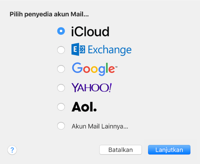 Dialog untuk memilih jenis akun email, menampilkan iCloud, Exchange, Google, Yahoo!, AOL, dan Akun Mail Lainnya.