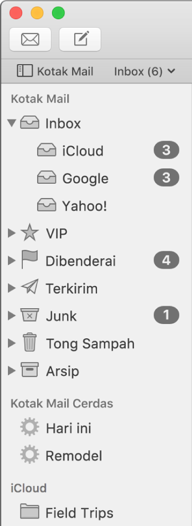 Bar samping Mail menampilkan akun dan kotak mail berbeda. Di atas bar samping terdapat tombol Kotak Mail (terdapat di bar Favorit) yang Anda klik untuk menampilkan atau menyembunyikan bar samping.