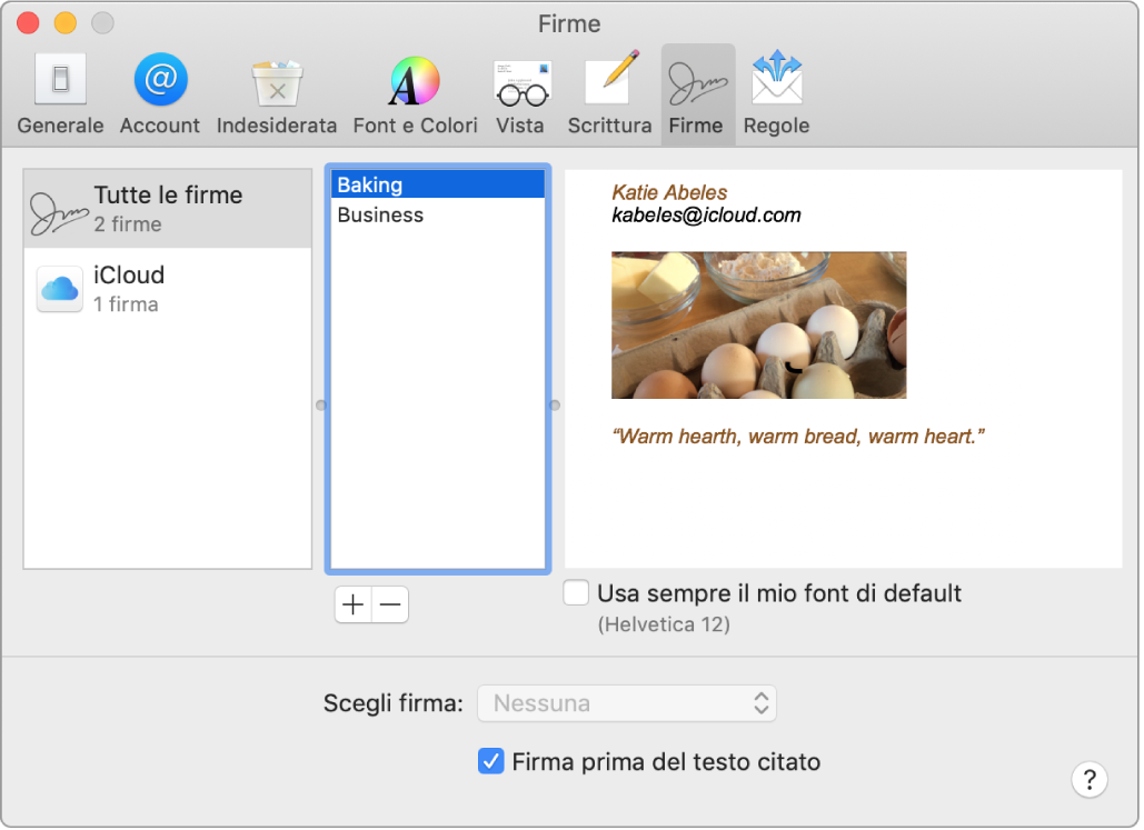 Il pannello delle preferenze Firme di Mail che mostra una firma contenente del testo formattato e un'immagine.
