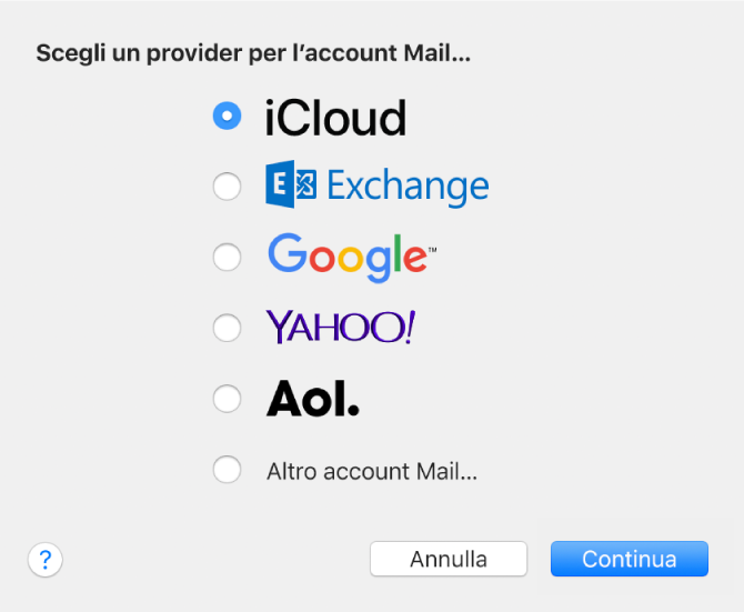 La finestra di dialogo per la selezione del tipo di account e-mail mostra le opzioni iCloud, Exchange, Google, Yahoo!, AOL e “Altro account Mail…”.