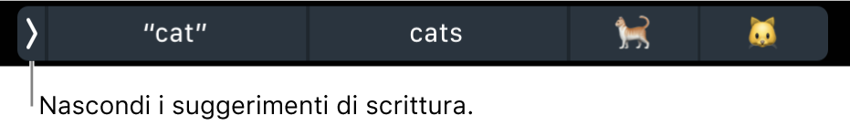 Suggerimenti di scrittura con parole ed emoji. Il pulsante sulla sinistra consente di nascondere i suggerimenti di scrittura.