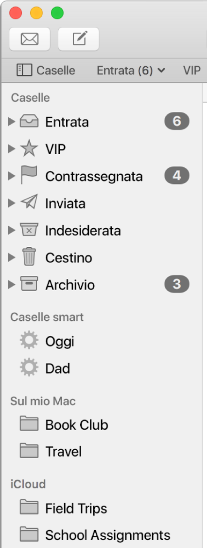 Barra laterale di Mail che mostra le caselle standard (ovvero Entrata e Bozze) nella parte superiore e le caselle create da te nelle sezioni “Sul mio Mac” e iCloud.