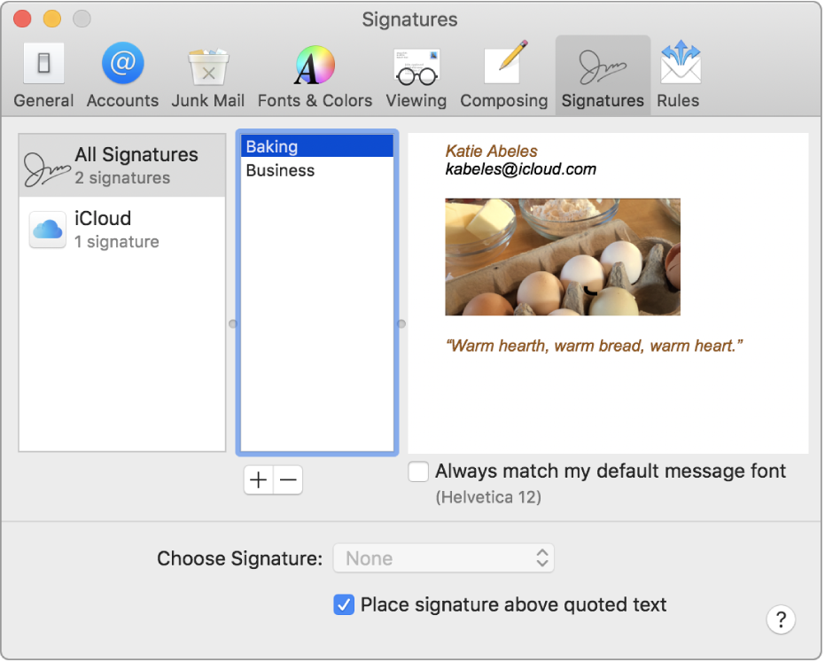 Il pannello delle preferenze Firme di Mail che mostra una firma contenente del testo formattato e un'immagine.
