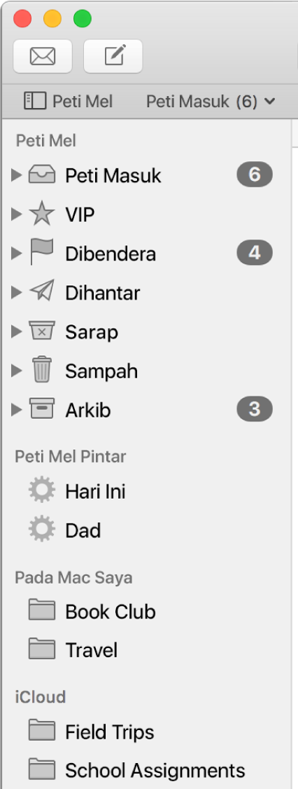 Bar sisi Mail menunjukkan peti mel standard (seperti Peti Masuk dan Draf) di bahagian atas bar sisi dan peti mel yang anda cipta dalam bahagian Pada Mac Saya dan iCloud.