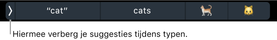 Suggesties voor woorden en emoji, met aan de linkerkant de knop om suggesties tijdens het typen te verbergen.