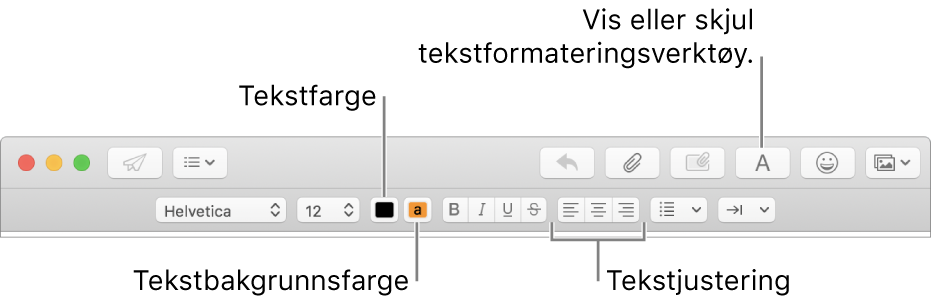Verktøylinjen og formateringslinjen i et nytt meldingsvindu som viser knapper for tekstfarge, bakgrunnsfarge og tekstjustering.
