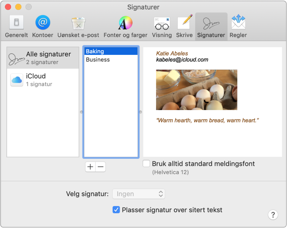 Signaturer-valg i Mail som viser en signatur som inneholder formatert tekst og et bilde.