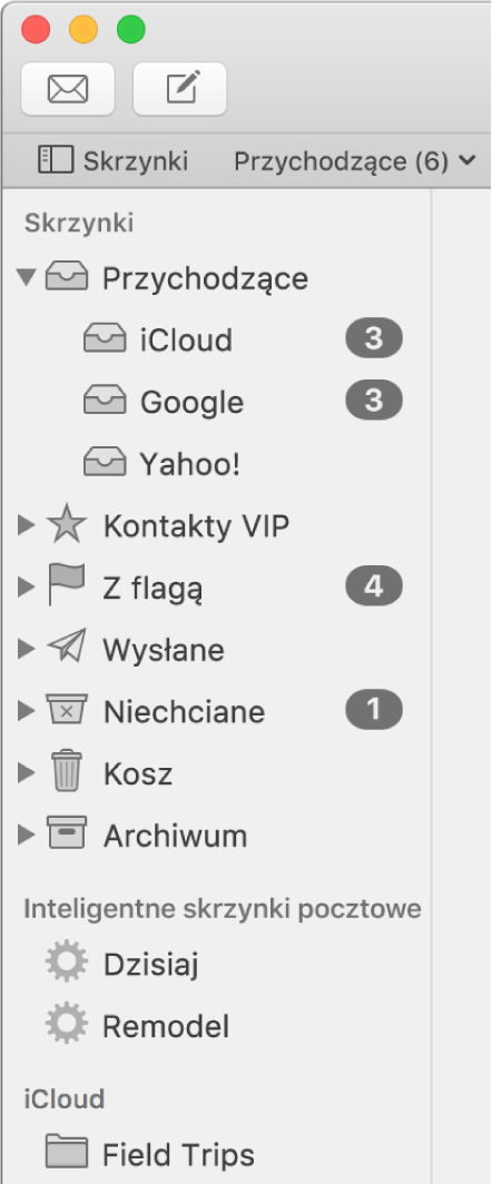 Pasek boczny w Mail zawierający różne konta i skrzynki pocztowe. Nad paskiem bocznym znajduje się przycisk Skrzynki (na pasku ulubionych), w który można kliknąć w celu pokazania lub ukrycia paska bocznego.