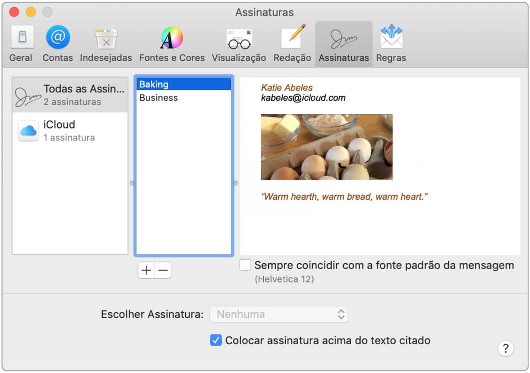 O painel de preferências de Assinaturas do Mail mostrando uma assinatura que contém texto formatado e uma imagem.