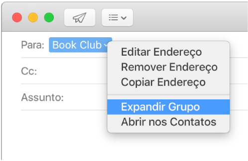 E‑mails mostrando um grupo no campo Para e o menu local mostrando o comando Expandir Grupo.