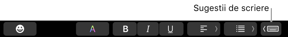 Bara Touch Bar cu butonul de afișare a sugestiilor de scriere în capătul din dreapta.