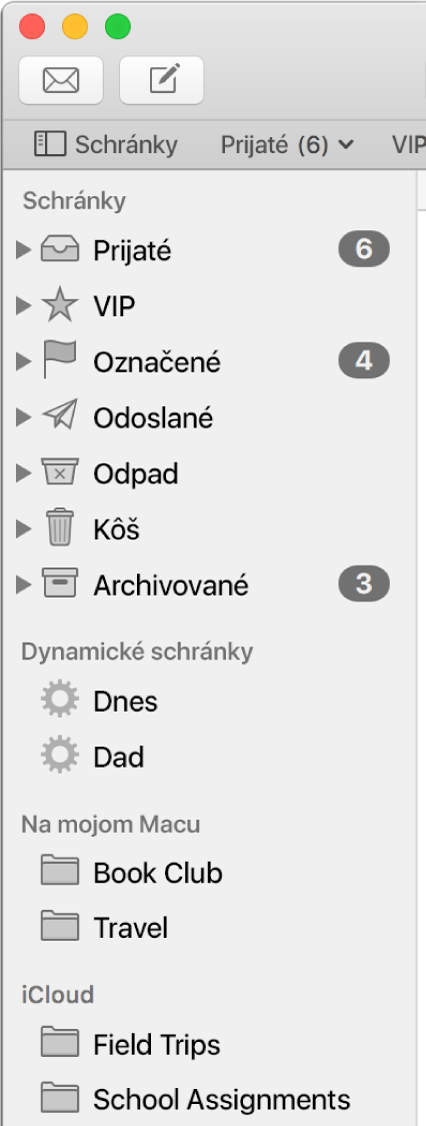 Postranný panel aplikácie Mail zobrazujúci štandardné schránky (Prijaté a Koncepty) v hornej časti postranného panela a vytvorené schránky v častiach Na mojom Macu a iCloud.