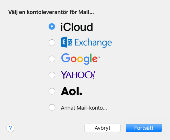 Dialogrutan för att välja en e-postkontotyp med iCloud, Exchange, Google, Yahoo!, AOL och Annat Mail-konto.