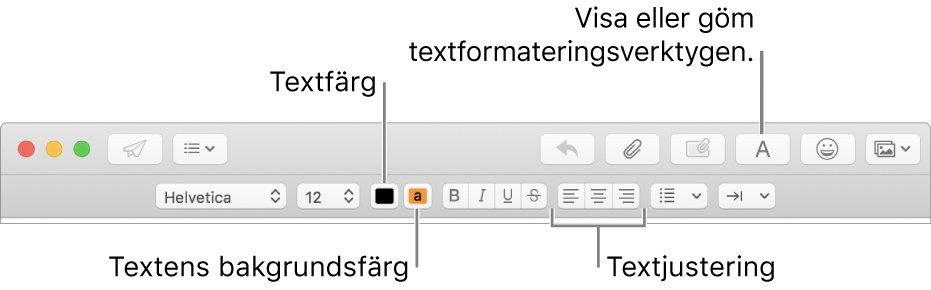 Verktygsfältet och formateringsfältet i ett nytt brevfönster som indikerar textfärg, textens bakgrundsfärg och textjusteringsknappar.