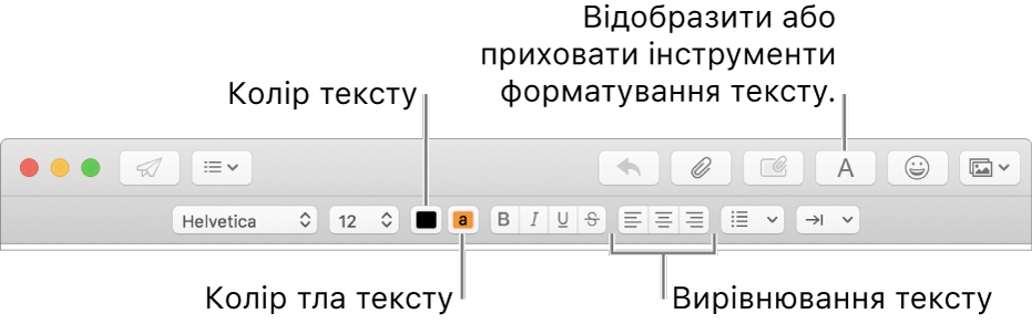 Панель інструментів і смуга форматування у вікні нового листа, на яких розміщено кнопки кольору тексту, кольору тла тексту та кнопки вирівнювання тексту.