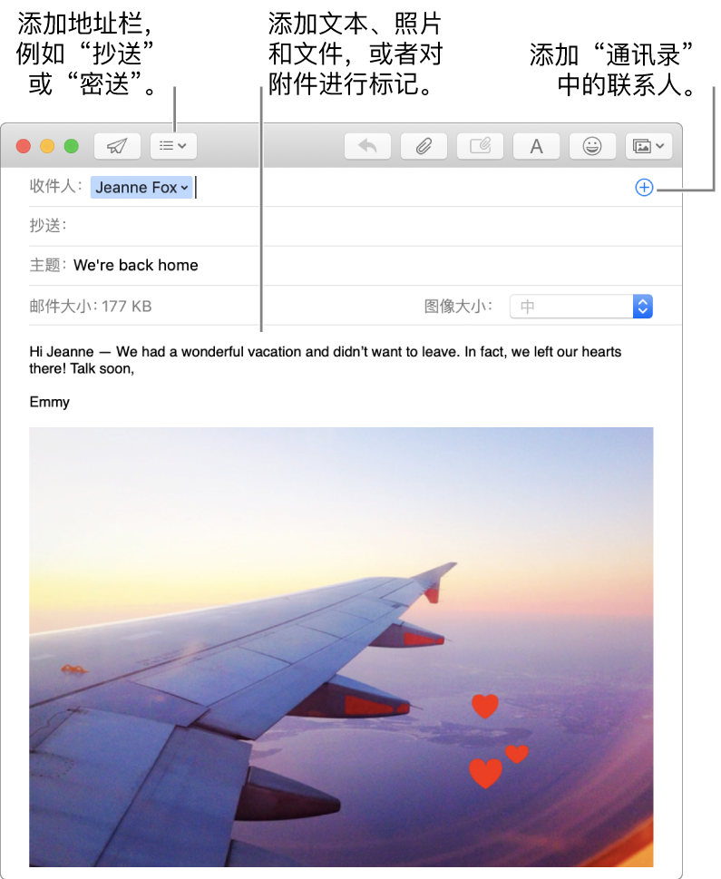 新的邮件窗口，标明了“标头栏”按钮和地址栏中用于从“通讯录”添加联系人的“添加”按钮，并显示有邮件正文中已标记的图像。
