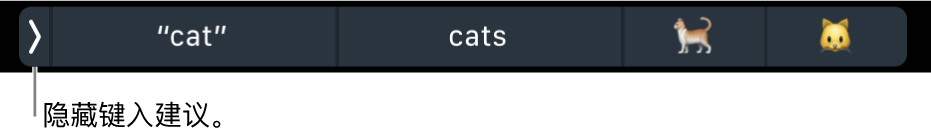 显示字词和表情符号的键入建议，以及左侧用来隐藏键入建议的按钮。