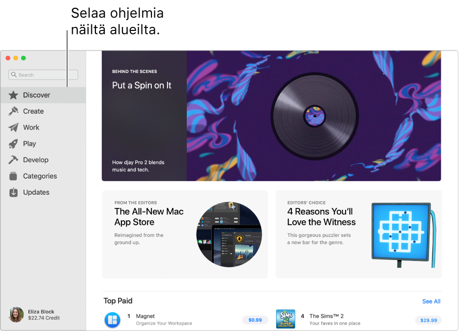 Mac App Storen pääsivu. Vasemmalla oleva sivupalkki sisältää linkkejä muihin sivuihin: Löydöt, Luovuus, Hyöty, Pelit, Kehitys, Kategoriat ja Päivitykset. Oikealla on klikattavia alueita, kuten Kulissien takana, Editoreilta ja Editorien valinta.
