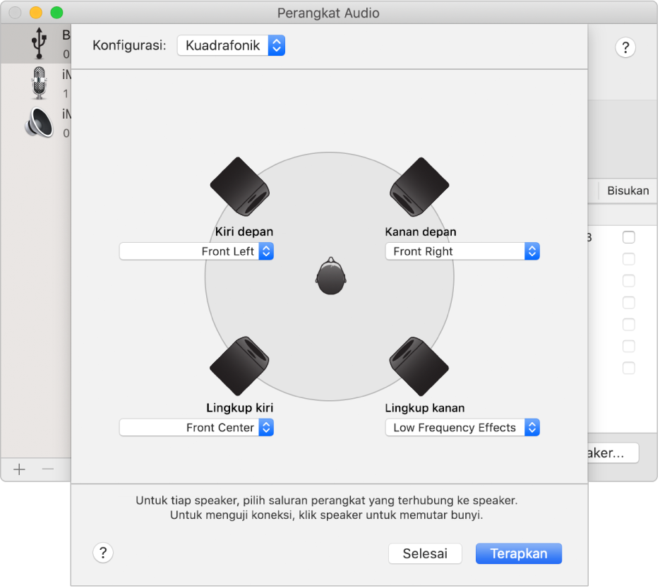 Dialog konfigurasi speaker menampilkan konfigurasi speaker kuadrafonik.