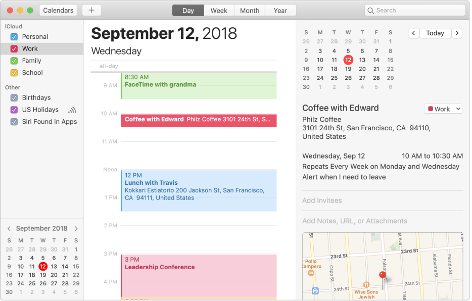 Ein Kalenderfenster in der Tagesansicht mit farbcodierten Privat-, Berufs- und Familienkalendern in der Seitenleiste unter der iCloud-Accountüberschrift und ein weiterer Kalender unter der Exchange-Accountüberschrift