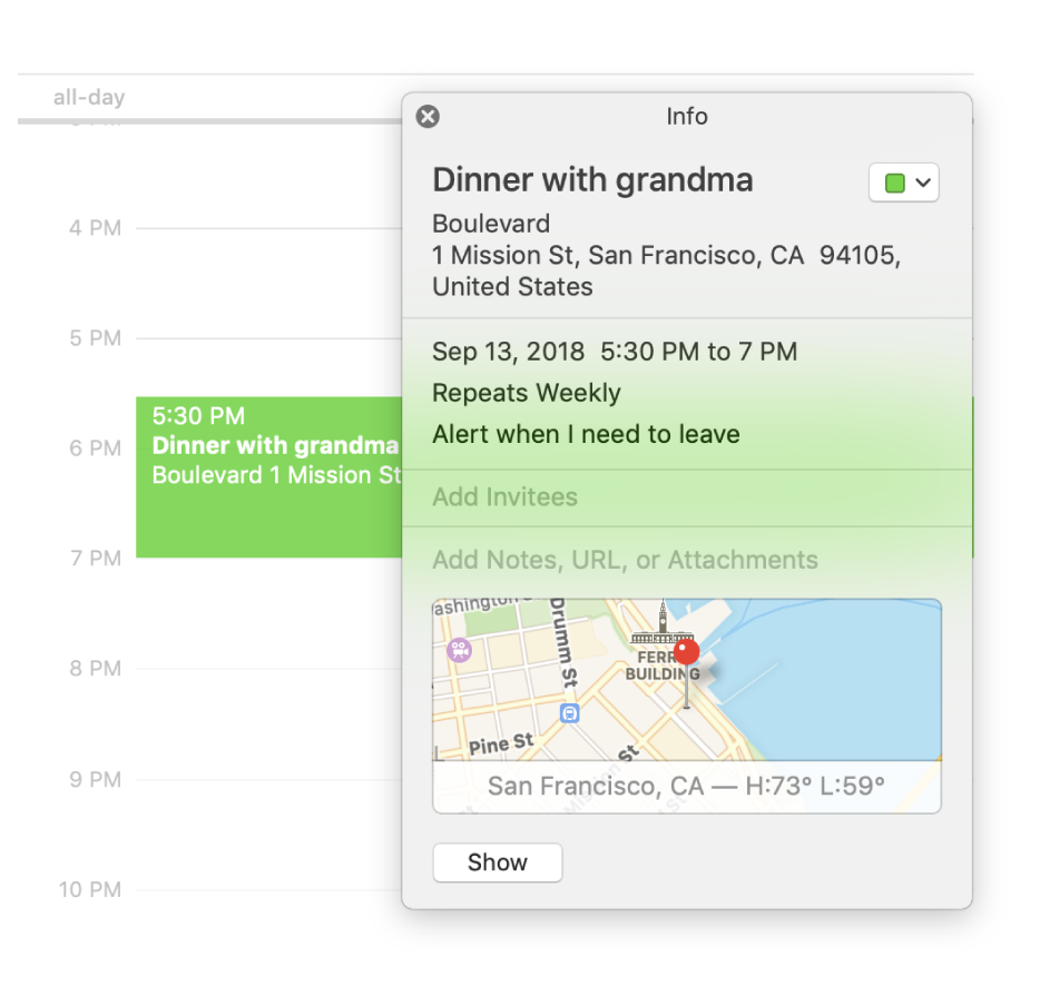 The info window for an event showing the location name and address and a small map.