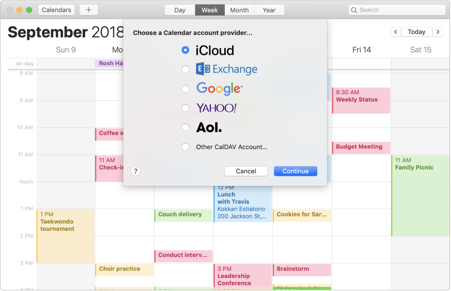 Una ventana de Calendario mostrando el panel “Agregar cuenta”.