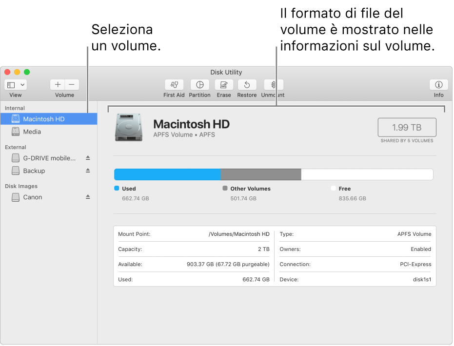 Finestra di Utility Disco che mostra un volume Mac OS esteso.