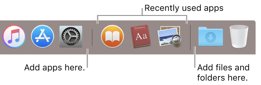 The right end of the Dock. Add apps to the left of the recently used apps section and add folders to the right of that section, where the Downloads stack and the Bin are located.