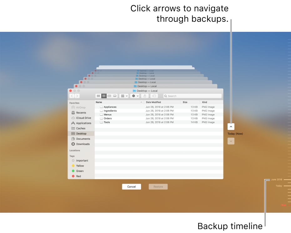 When you open Time Machine, you see a blurred screen with multiple Finder screens stacked to represent backups. Click the arrows to navigate through your backups (or click in the backup timeline on the right), and choose which files to restore.