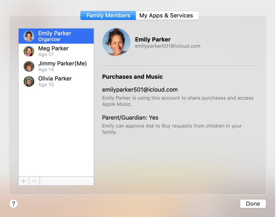 iCloud-asetuksissa näkyy Perheenjäsenet-osio.