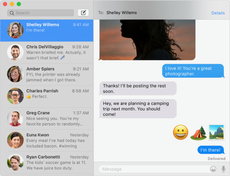 The Messages window with several conversations listed in the sidebar at the left, and a conversation showing at the right.