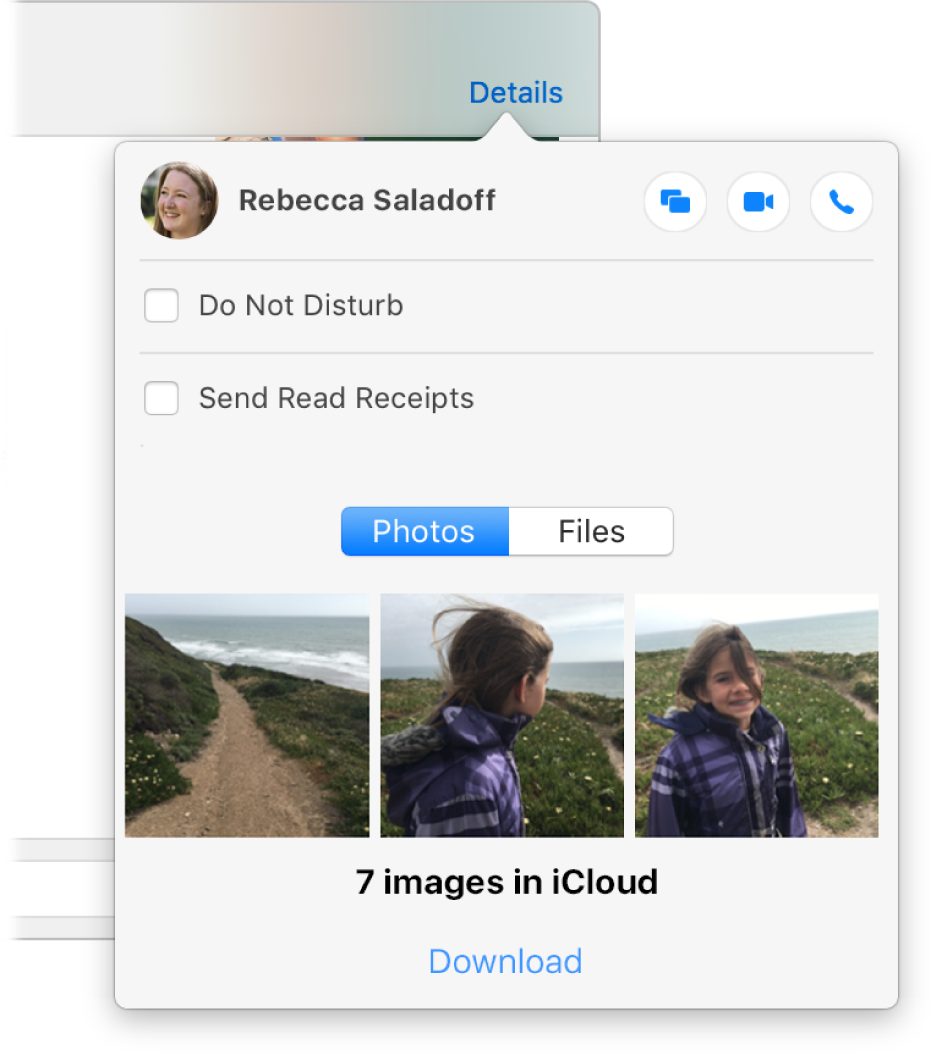 Details view, with the Screen Share, Video and Audio buttons in the top-right corner.