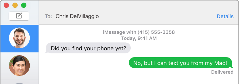 A janela do Mensagens com duas conversas numa lista na barra lateral à esquerda e uma conversa exibida à direita. Um dos balões de mensagens é verde, indicando que foi enviado na forma de uma mensagem de texto SMS.