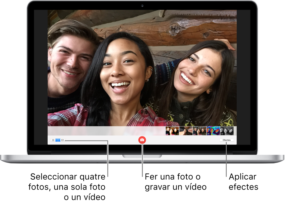 Finestra del Photo Booth amb el botó “Fer foto” seleccionat. Per alternar entre la càmera fotogràfica i la gravació de vídeo, selecciona “Quatre fotos”, Foto o Vídeo a la part inferior esquerra. Per fer una foto o gravar un vídeo, fes clic al botó “Fer foto” o “Gravar vídeo” a la part inferior central. Per aplicar efectes, fes clic al botó Efectes de la part inferior dreta.