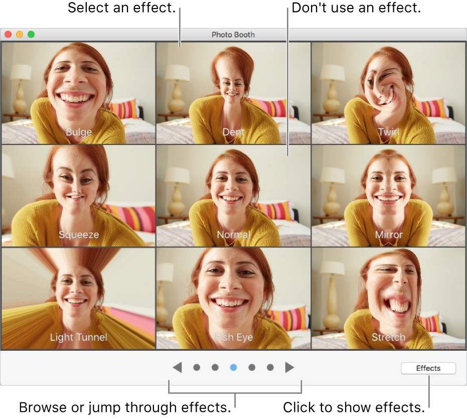 Photo Booth window showing effects you can choose. Click the effect you want to use. If you don’t want to use an effect, click Normal in the center.