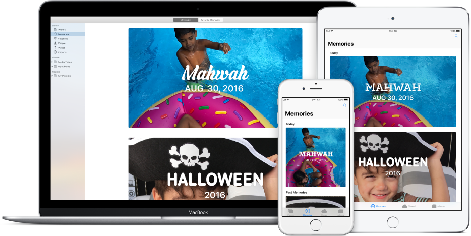 iPhone, MacBook 및 iPad 화면에 동일한 사진이 표시되어 있음.