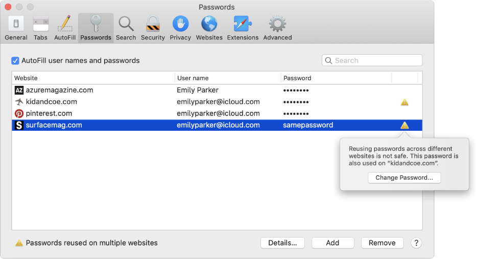 Passwords preferences, warning that two websites use the same password.