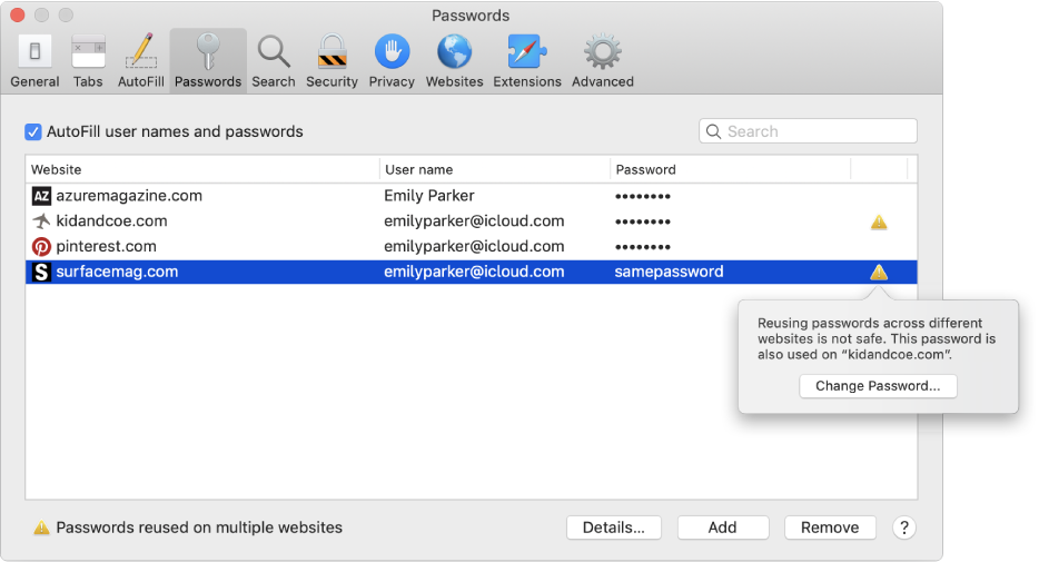 Passwords preferences, warning that two websites use the same password.