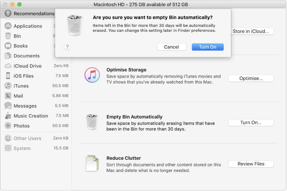 The “Are you sure you want to erase Trash automatically” dialogue in the Storage Recommendations window.