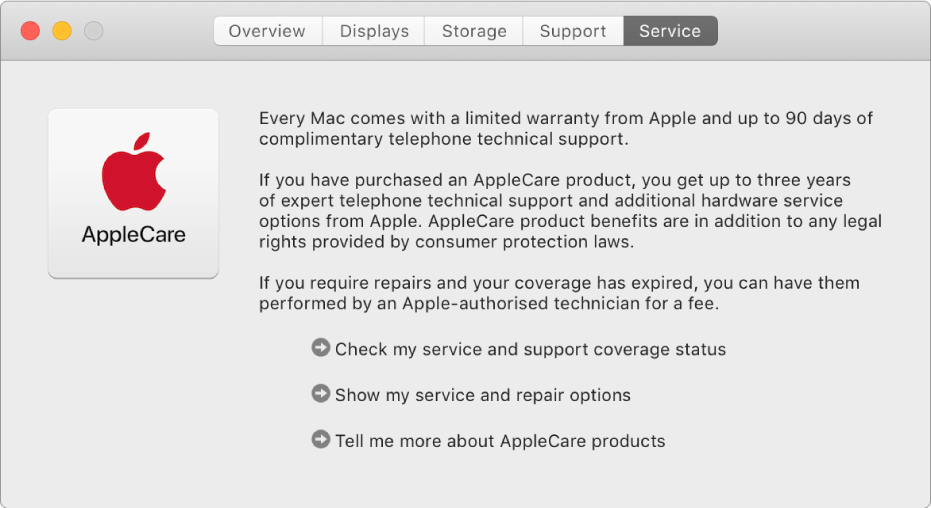 The Service pane in System Information, showing the AppleCare service options.