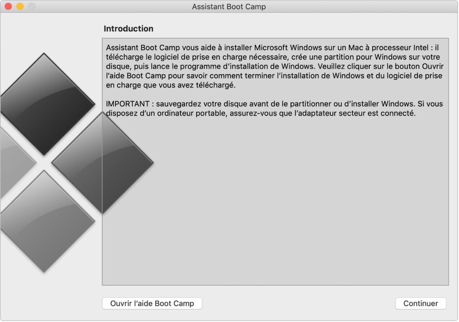 La sous-fenêtre d’introduction à Boot Camp, présentant un bouton pour accéder à l’aide et un bouton permettant de poursuivre l’installation.