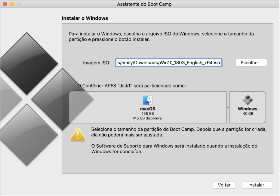 Janela de instalação do Assistente do Boot Camp. No canto inferior direito encontra-se o botão Instalar e, à esquerda dele, o botão Voltar.