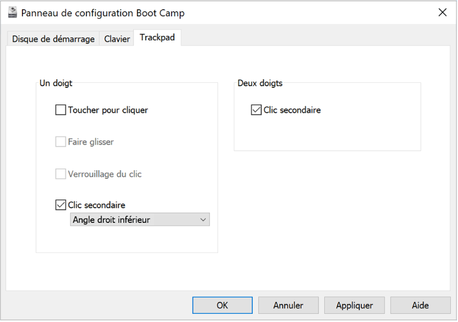 Le panneau de configuration Boot Camp affichant le volet d’options Trackpad permettant de sélectionner les gestes à un et deux doigts à utiliser, tels que Toucher pour cliquer et l’emplacement du clic secondaire sur le trackpad.