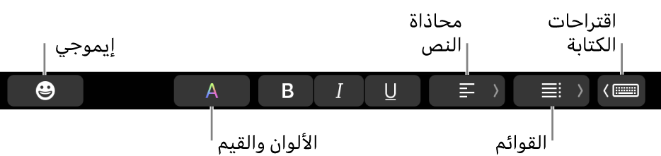 الـ Touch Bar وتظهر عليه أزرار من تطبيق البريد تشمل - من اليسار إلى اليمين - إيموجي، والألوان، وعريض، ومائل، وتسطير، ومحاذاة، والقوائم، واقتراحات الكتابة.
