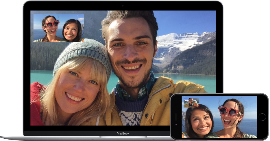 Two friends making a FaceTime video call with a couple. The two friends, who are using a MacBook, see the couple in the main image, and see themselves in the picture-in-picture image at the top-left corner of the screen. The couple is using the iPhone, and see their friends in the main image, and themselves in the top corner.