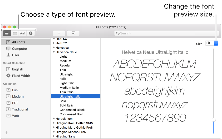 The Font Book window showing buttons in the top left for choosing the type of font preview, and a vertical slider at the far right for changing the preview size.