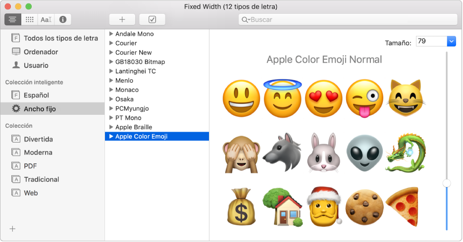 La ventana de Catálogo Tipográfico con el tipo de letra “Apple Color Emoji”.