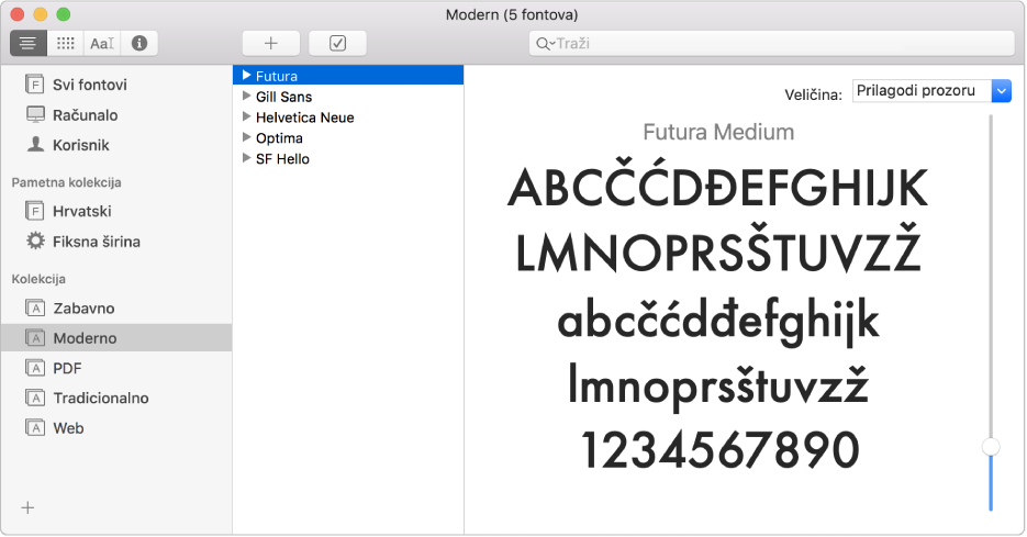 Prozor Knjige fontova koji prikazuje kolekciju fontova Moderno.